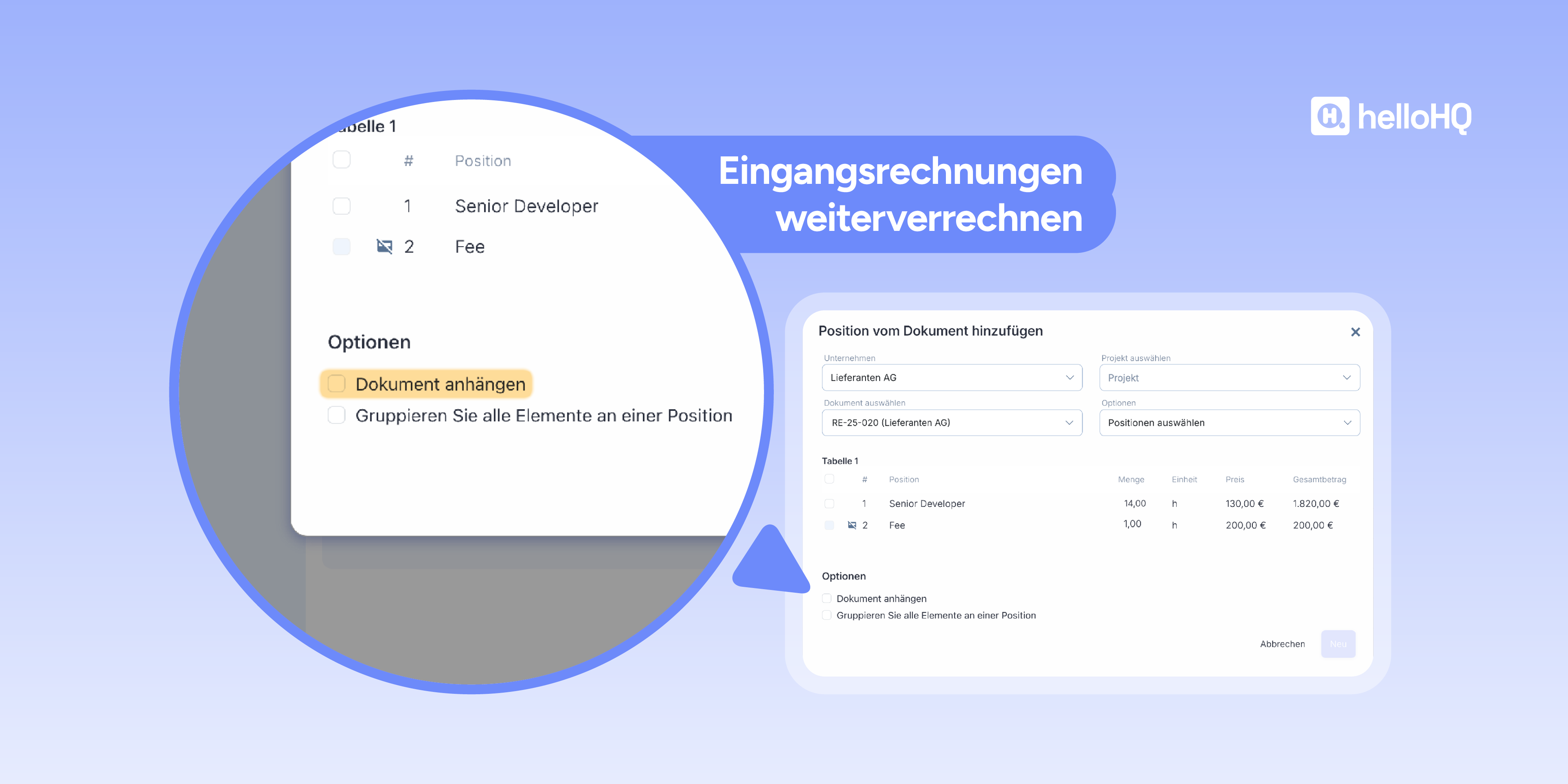 helloHQ | Verrechne in helloHQ Eingangsrechnungen an Kunden weiter.